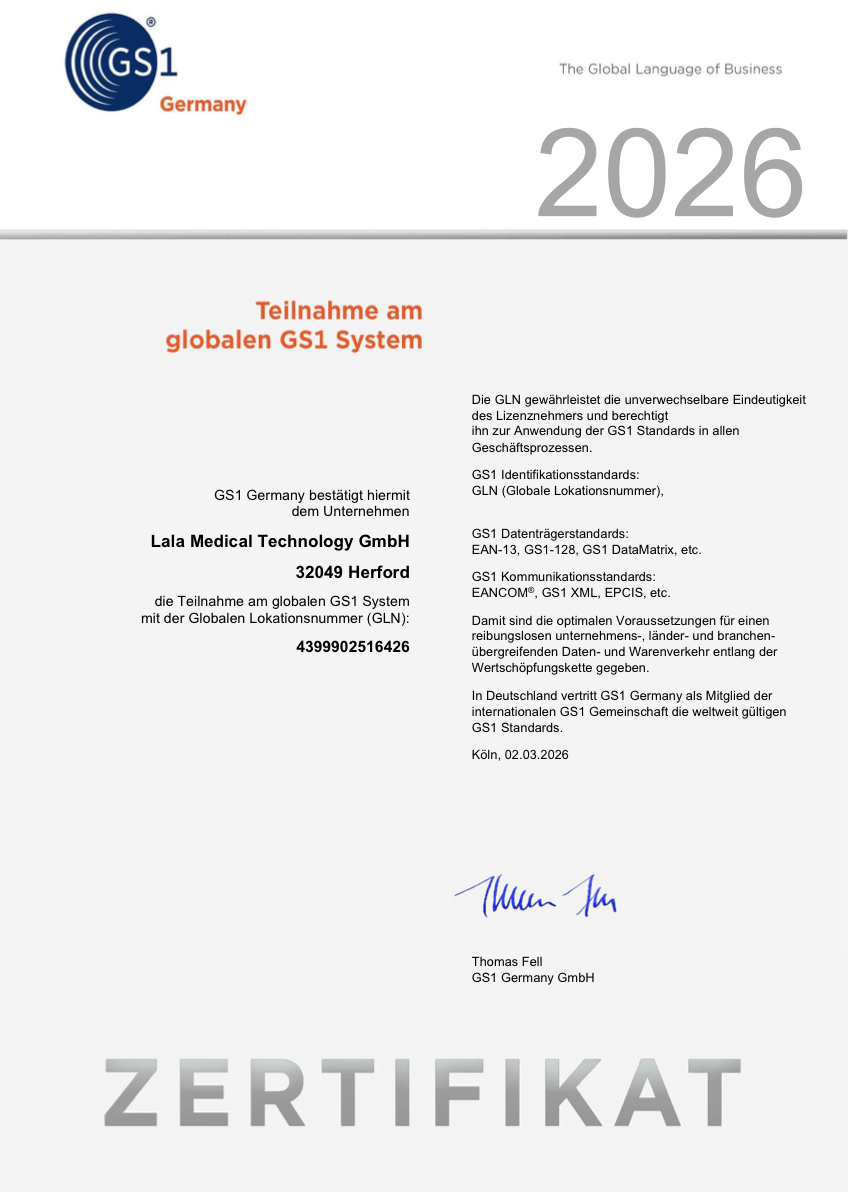 GS1 Germany Zertifikat – Teilnahme am globalen GS1 System für Lala Medical Technology GmbH